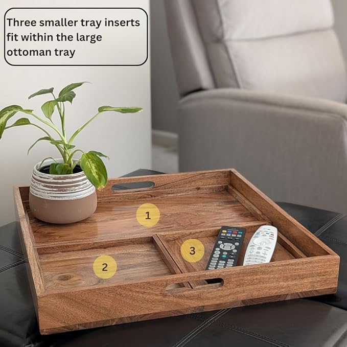 20 inch Large Square Ottoman Tray. Premium Acacia Wood Serving Tray for Living Room, Ottoman, Kitchen or as a Coffee Table Tray. Perfect Serving Tray for Breakfast in Bed, Appetizers or Parties