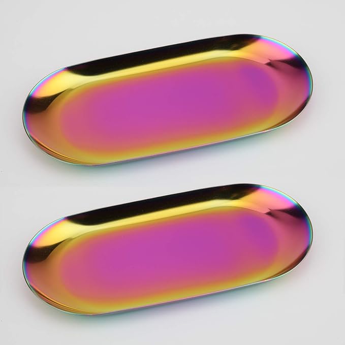 Stainless Steel Decorative Tray, Set of 2, 7 Inch Long, Jewelry Dish Cosmetics Organizer Bathroom Clutter Serving Platter Small Storage Tray, Oval, Holographic