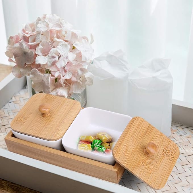 Ceramic Appetizer Serving Plate with Tray Cover, Snack Serving Plate for Fruits Nuts Desserts, BPA - Free White Ceramic Square Bowl with Separate Compartments, Modern Design (Two compartments with