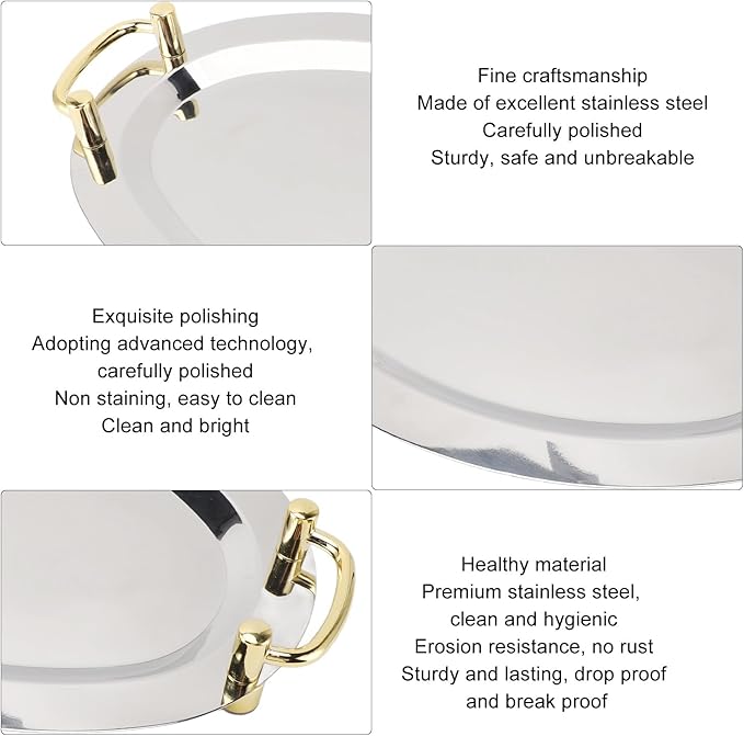 Stainless Steel Serving Tray, Multifunction Portable Metal Serving Tray with Handle, Buffet Serving Snack Tray for Coffee, Desserts, Cakes, (Round Shape with Gold