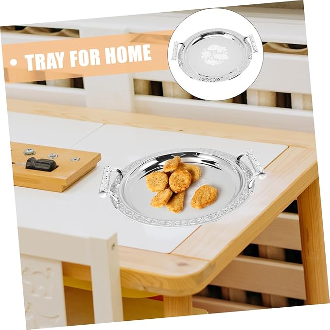 European Style Round Serving Tray Elegant Snack Plate for Fruits Desserts and Treats Multi-Functional Dish for Home and Events Silver Pattern Design