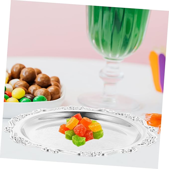 PRETYZOOM European Style Decorative Snack Plate Silver Embossed Candy Dish Vintage Cake Serving Tray for Weddings Parties Restaurants and Home Decor