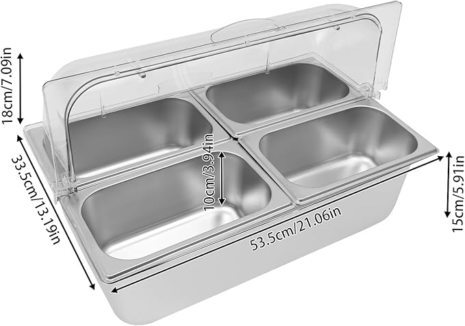 4 Pans Ice Food Serving Display Container w/Clear Roll Top Cover, Stainless Steel Serving Tray Catering Supplies Buffet Display Condiment Dispenser Plate Case for Restaurant Hotel Kitchen