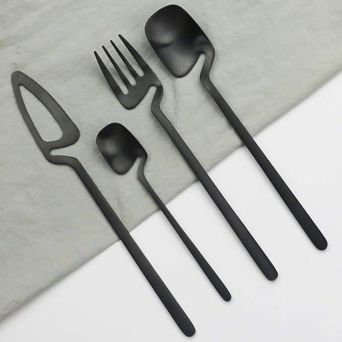 Luxury Matte Black Flatware, Silverware Sets, 4-piece Elegant Cute 18/10 Stainless Steel Silverware Set for Eating Home Kitchen Hotel Restaurant, Service Sets for 1 People, Dishwasher Safe