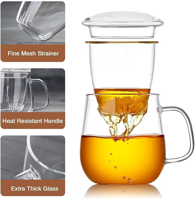 Glass Teacups 4 Pack Glass Tea Cup with Infuser and Lid, 17.6oz/520ml Large Borosilicate Teacup,Tea Clear Mug Cup for Loose Leaf Blooming Tea, Microwave & Dishwasher Safe.