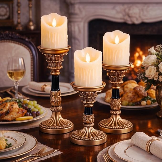 Resin Candle Holder Set of 3 - Christmas Home Pillar Candle Holder, Candles Rustic Wooden Farmhouse, Coffee Table Centerpiece, Suitable for Fireplace, Living Room, or Dining Table