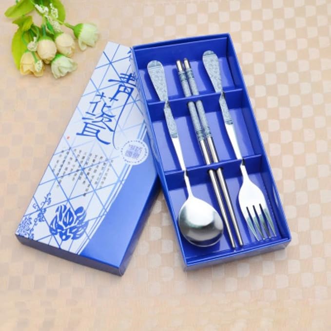 Stainless Steel Teaspoons Dinner Spoon Fork Chopsticks 3pcs Flatware Serving Sets，
