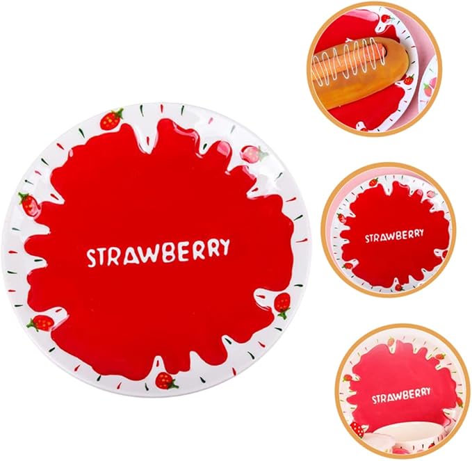 Food Serving Dish Hand-painted Strawberry Ceramic Plate for Pasta Desserts and Breakfast Cute Tableware for Birthday Parties and Home Use