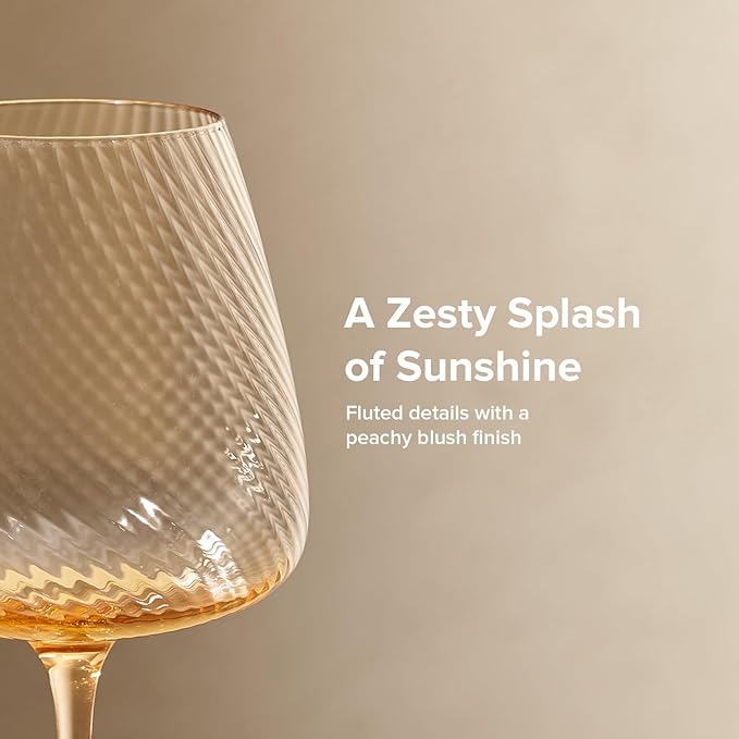 mopio Zest Fluted Wine Glasses Set of 4, 20.5 oz, Dishwasher Safe, Elegant Barware for Wedding, Party and Brunch, Colorful Drinkware Gifts in Eco-Friendly Packaging, Soda-Lime Glass (Peach)