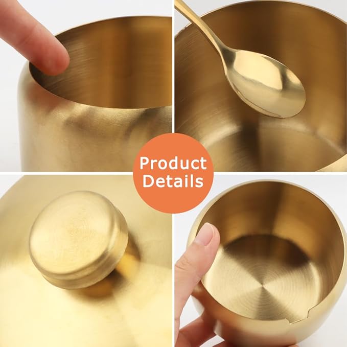 15oz Sugar Bowl with Lid and Spoon, Round Sugar Jar Kitchen Storage Container for Seasonings, Sugar, Salt, Pepper, Spices, Coffee Bar Kitchen Accessories, Dishwasher Safe(COLOR:Gold)