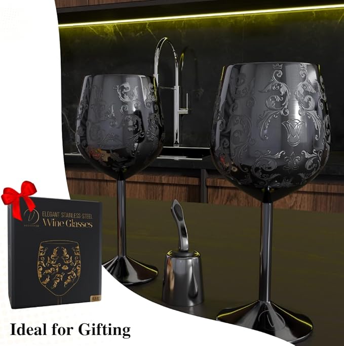 17oz Stainless Steel Wine Glasses [Set of 2] – Black Royal Goblets with Intricate Baroque Engravings, Unbreakable and Shatterproof Wine Cups with Bottle Stopper Ideal for Mother's Day Gift
