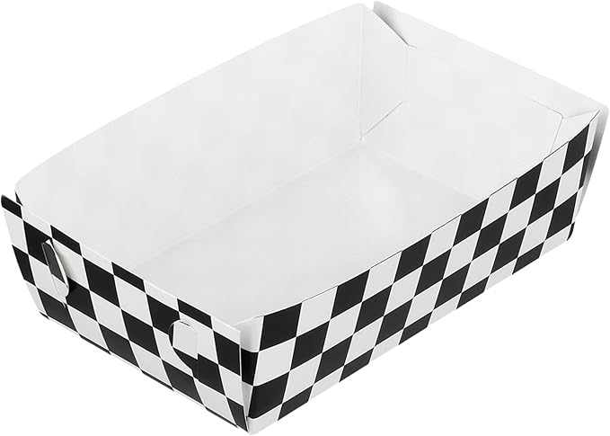 100 PCS Black White Checkered Disposable Paper Food Trays, Leak-Proof Party Food Boats for Truck Sports Event Outdoor Activities