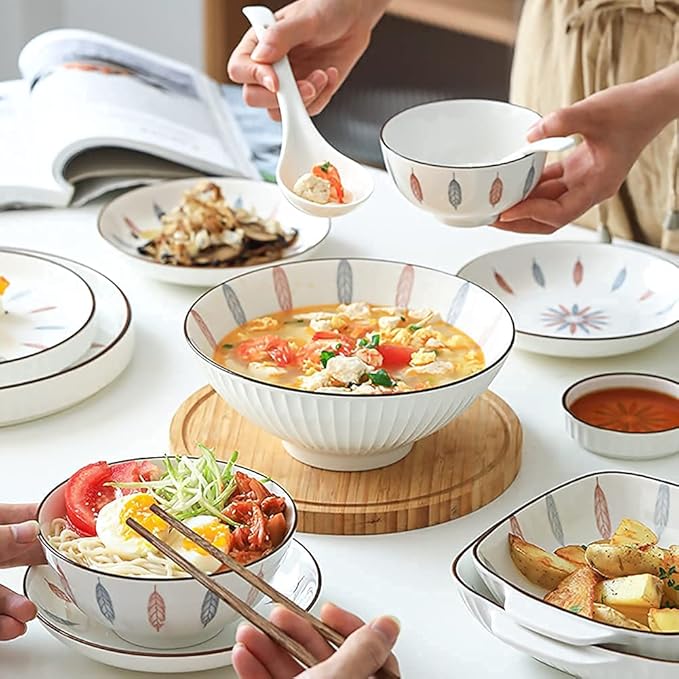 Kitchen tableware set,Ceramics Dinnerware Set, 32 Pcs Retro White Underglaze Color Dinner Set, Plates and Bowls Set with Leaf Pattern for Restaurant Family Gathering