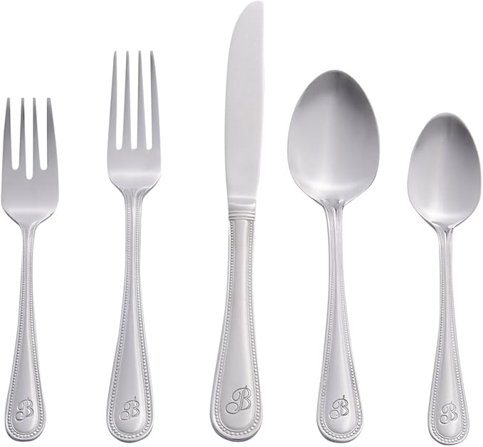 RiverRidge Monogrammed Beaded Flatware Set - B - 46-Piece Silverware with Custom Letter Stamp, 18/0 Stainless Steel Utensils Set for Daily Use & Special Occasions - Dishwasher Safe, Versatile Design