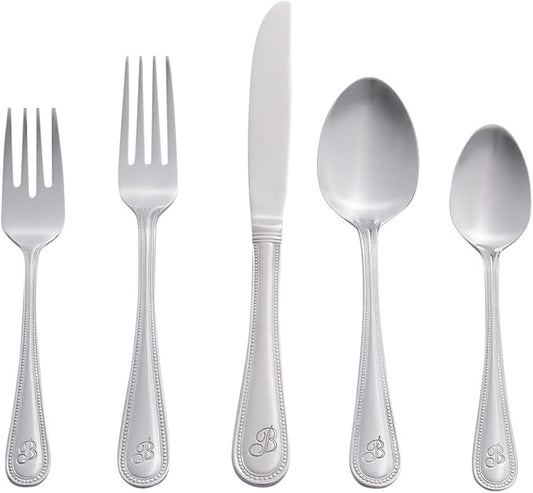 RiverRidge Monogrammed Beaded Flatware Set - B - 46-Piece Silverware with Custom Letter Stamp, 18/0 Stainless Steel Utensils Set for Daily Use & Special Occasions - Dishwasher Safe, Versatile Design