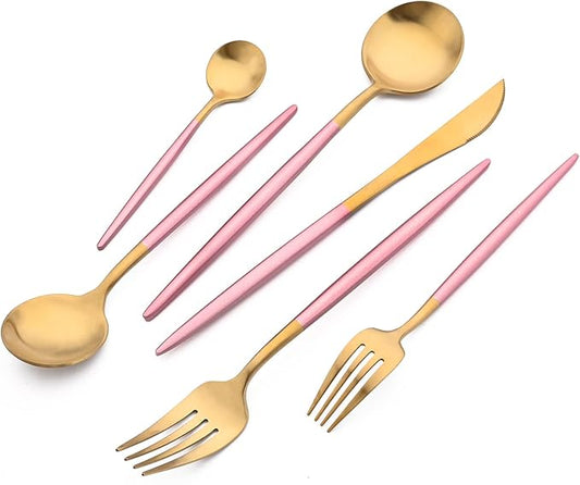 24-piece Snplowum Matte Gold Tableware, 18/10 Stainless Steel Utensils Heavy Serving Set With Pink Handle For Dinner & Dessert Home Restaurant Flatware Set, Service For 4 (Pink Gold)