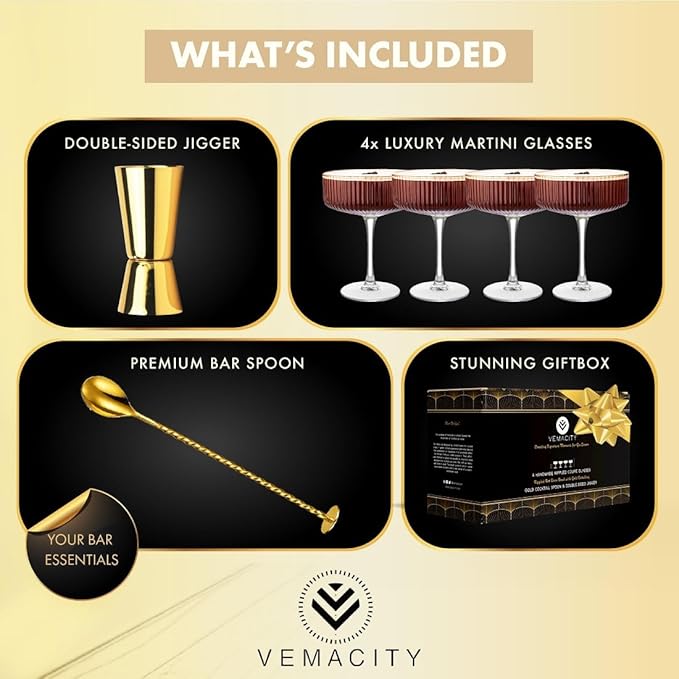 VEMACITY - Ribbed Espresso Martini Glasses Set of 4 with Gold Rims - Vintage Cocktail Glasses for Margaritas, Champagne and More - Includes Jigger & Bar Spoon | Ideal for Martinis and Cocktails