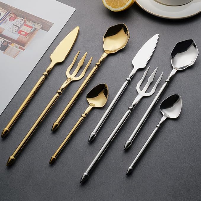 Gold Silverware Set for 8 Durable 18/10 Stainless Steel Flatware Set Creative Styles 32 Piece Modern Cutlery Tableware Utensils Set for Home Kitchen Wedding Restaurant Knives forks and Spoons