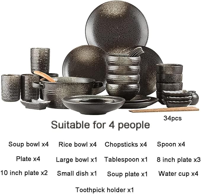 34-Piece Dinnerware Sets, Creative Green Ink Porcelain Tableware Set with Plates Bowls and Cups, Ceramic Dinner Set for Home Kitchen and Dining, Microwave and Dishwasher