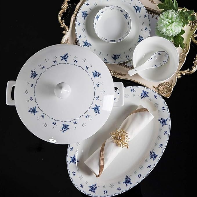 Blue and White Porcelain Tableware Set, 48 Pieces of Ceramic Tableware, Bone China Safe Material, Family Gathering Tableware, Wedding Gift Tableware