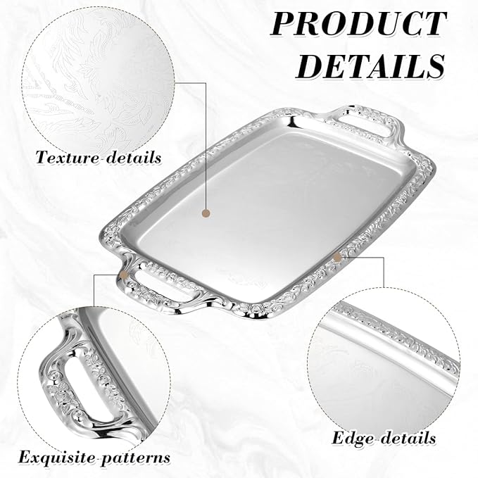 Housoutil Metal Serving Tray, Silver Large Rectangular Antique Serving Platter, European Retro Style Tray for Cookies, Charcuterie, Snacks, Desserts, Fruit, Party Food (39. 00x23. 00x1. 70cm)