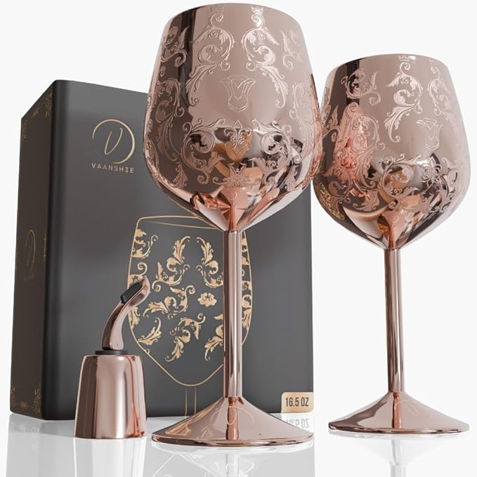 17oz Stainless Steel Wine Glasses | Gift for Mother's Day [Set of 2]–Rose Gold Royal Goblets with Intricate Baroque Engravings, Unbreakable and Shatterproof Wine Cups with Bottle Stopper