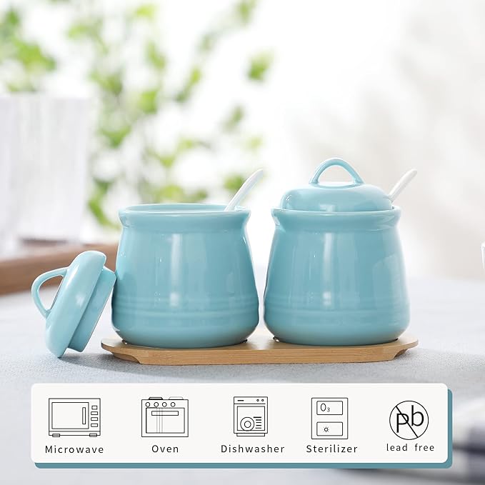 HAOTOP Ceramic Sugar Bowl 2 Pack, PorcelainJar with Tray, Spoon and Lid for Sugar, Pepper, Coffee, Spice, Salt, 12 Ounces (Blue)