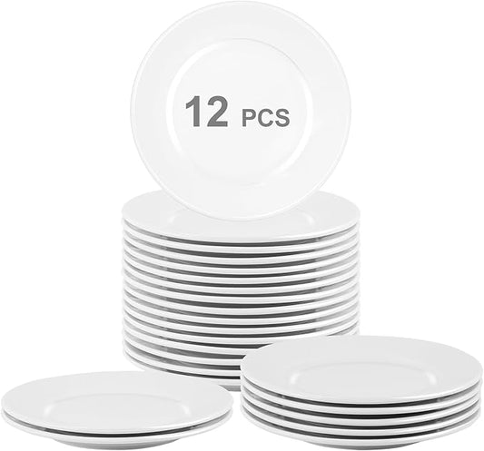 Porcelain Dessert Plates Set of 12, 7 Inch White Dinner Plates, White Salad Plate, Ceramic Appetizer Plate for Snack, Bread, Fruit, Cake, Microwave & Dishwasher Safe