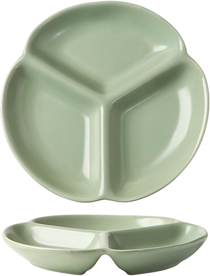 Cutlery Tray Divided Plates 7/9-inch Ceramic Snack Dish 3 Grid Plate Appetizer Serving Platter Sushi Dipping Dish (Color : Green, Size : 7")