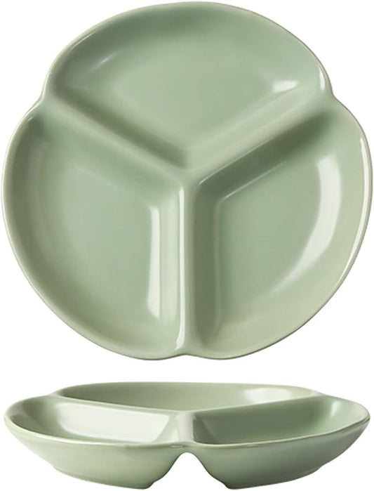 Cutlery Tray Divided Plates 7/9-inch Ceramic Snack Dish 3 Grid Plate Appetizer Serving Platter Sushi Dipping Dish (Color : Green, Size : 7")