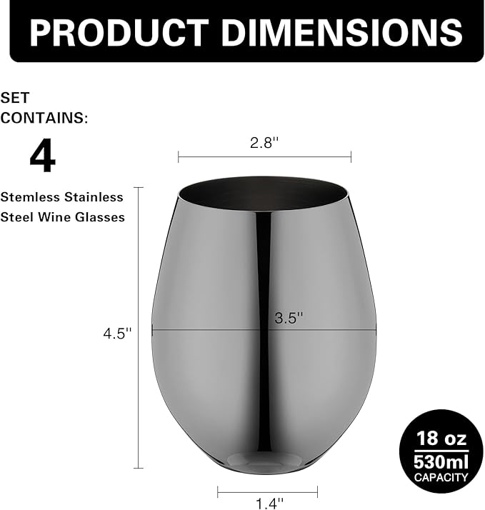 WOTOR Black Stainless Steel Wine Glasses Set of 4, 18oz Unbreakable Stemless Metal Wine Glass for Outdoor, Travel, Camping, Pool