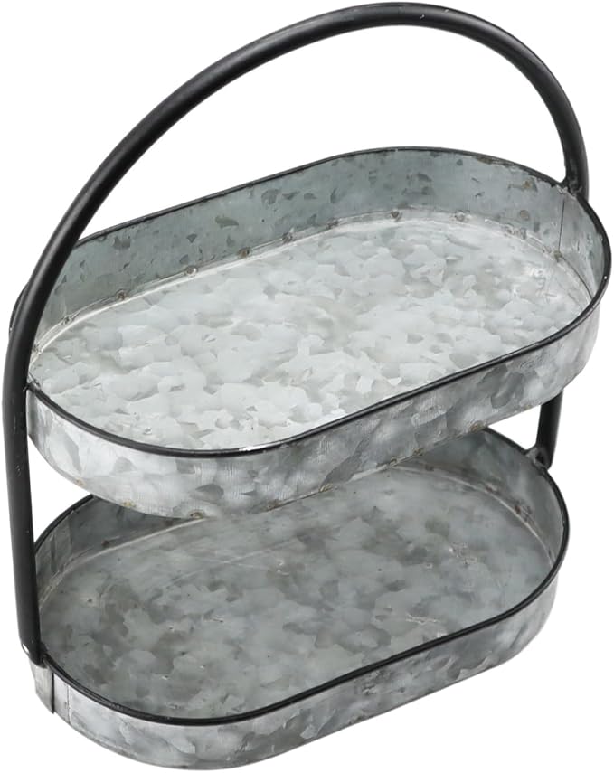 Vintage Small Tray Stand Rustic Galvanized Metal 2 Tier Serving Tray for Cupcake, Dessert, Appetizers, Fruit