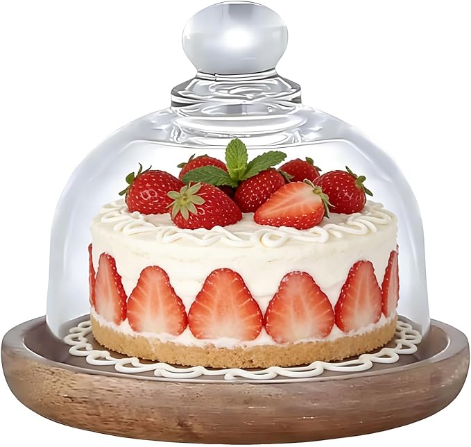 Charcuterie Snow Globes, Glass Dessert Dome with Wood Base, Mini Cake Stand with Clear Cloche Cover, 4 Inch Wooden Cake Plate for Desserts, Cheese, Appetizers, Party & Home Display (1pcs)