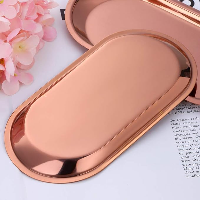 Buyer star Rose Gold 2PCS 7.3inch Stainless Steel Oval Tray Fruit Trays Storage Tray Dish Plate Cosmetics Jewelry Decorative Organizer