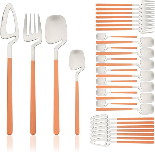 Brushed Flatware Set for 8, Uniturcky 32-Piece Matte Silverware Set with Colored Handles, 18/10 Stainless Steel Dinnerware Tableware Set, Eating Utensils for Party/Wedding/Home, Orange Handle