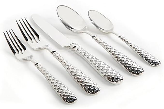 MACKENZIE-CHILDS 5-Piece Flatware Set, Cute Silverware Set with Salad Fork, Dinner Fork, Knife, Spoon, and Teaspoon, Check