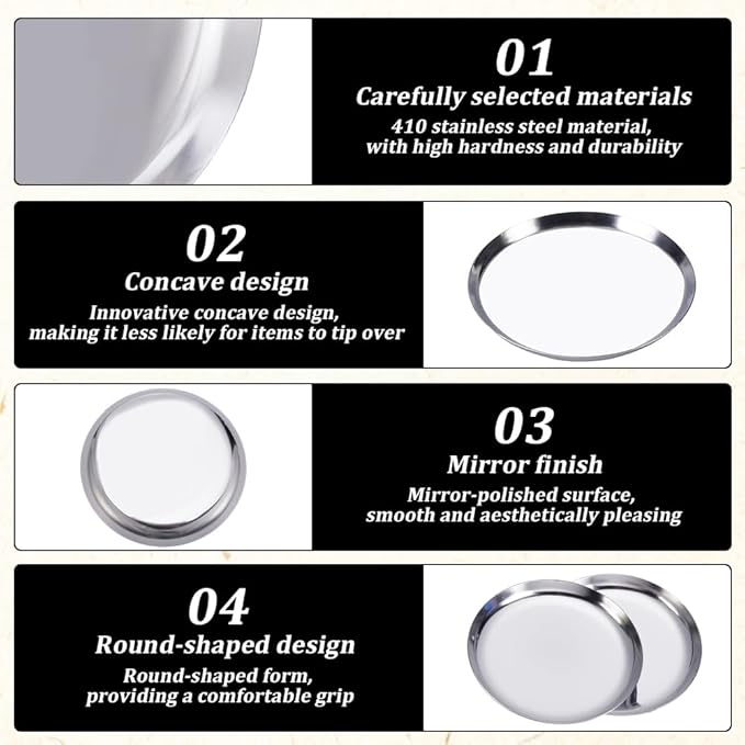 4 Pack 3.9 Inch Silver Round Tray Round Metal Serving Platter 410 Stainless Steel Small Soy Sauce Seasoning Storage Dishes Tools for Kitchen Cooking Sushi Dipping Appetizer Plates Jewelry