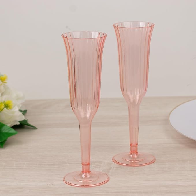 TCF Linen 12 Pack Transparent Blush Plastic Champagne Flutes, 6oz Flared Disposable Glasses Elegant Reusable Look Shatterproof Stemware for Weddings Parties Catering Toasts
