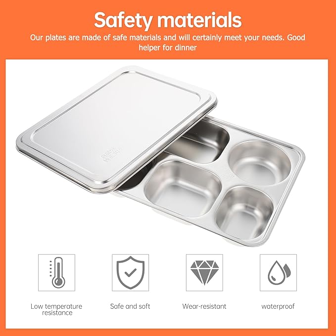 Amosfun Food Divided Tray with Lid 5-Compartment School Cafeteria Dining Plate 11.02X8.66X1.57 Inch Portion Control Serving Tray for Kids and Adults