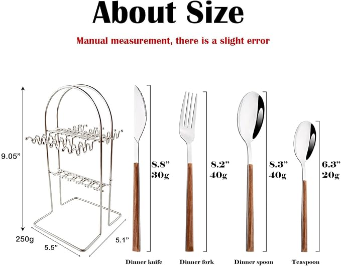 24Pcs Wooden Handle Flatware Silverware Set with Stand, Stainless Steel Cutlery Set for 6, Square Handle Eating Utensils, Mirror Polished Knife Fork Set