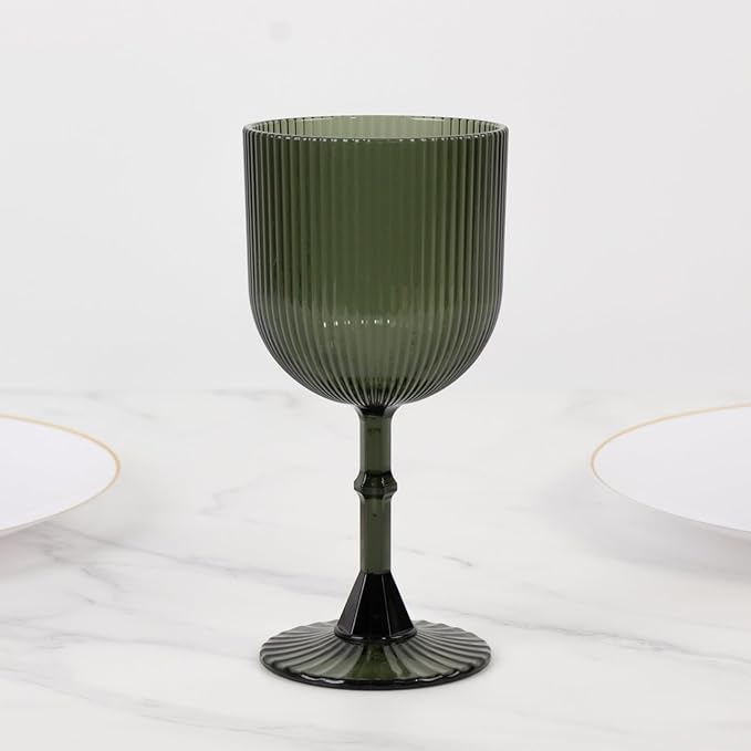 TCF Linen 12 Pack Hunter Green Plastic Wine Goblets, 9oz Ribbed Reusable Shatterproof Drinkware for Weddings Parties Catering Cocktails and Desserts Cups