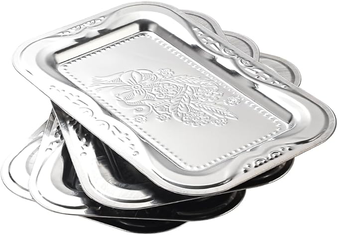 4-Pack Silver Serving Trays Set - ZENOVLUX Bow Floral Engraved Mirror Decorative Tray, 13.8" x 8.7" Party Platters for Christmas, Cookies, Charcuterie, Snacks, Desserts, Fruit, Party Food Display