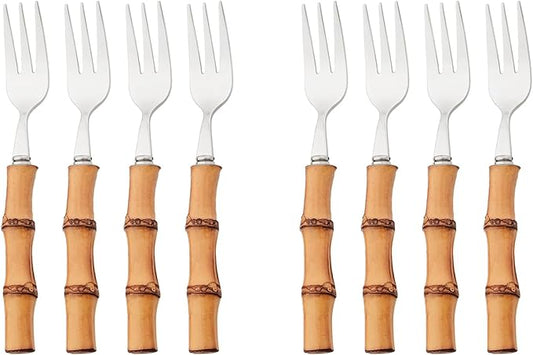 8pcs 304 Stainless Steel Bamboo Handle Cake Fork, Silver 3-Tine Fork Small Resuable Tasting Fork For Dessert Cake Teaforks, 6.3-inch