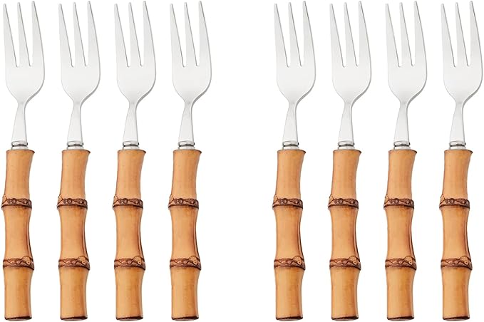 8pcs 304 Stainless Steel Bamboo Handle Cake Fork, Silver 3-Tine Fork Small Resuable Tasting Fork For Dessert Cake Teaforks, 6.3-inch