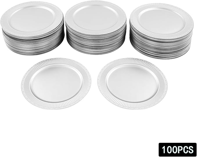 100 Pcs Round Serving Plates 13in Antique Charger Plates Bulk Plastic Charger Plates Set with Stackable &　Edge Texture Pattern Table Chargers for Parties, Weddings, Banquets, Restaurants（Silver）