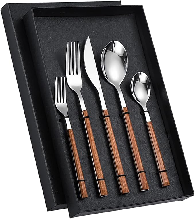 Stainless Steel Dinner Cutlery Set Elegant Flatware Serving Utensils 5 Pieces for Family Gatherings Wedding Picnics, Solid Stainless Steel (Wood Grain Handle)