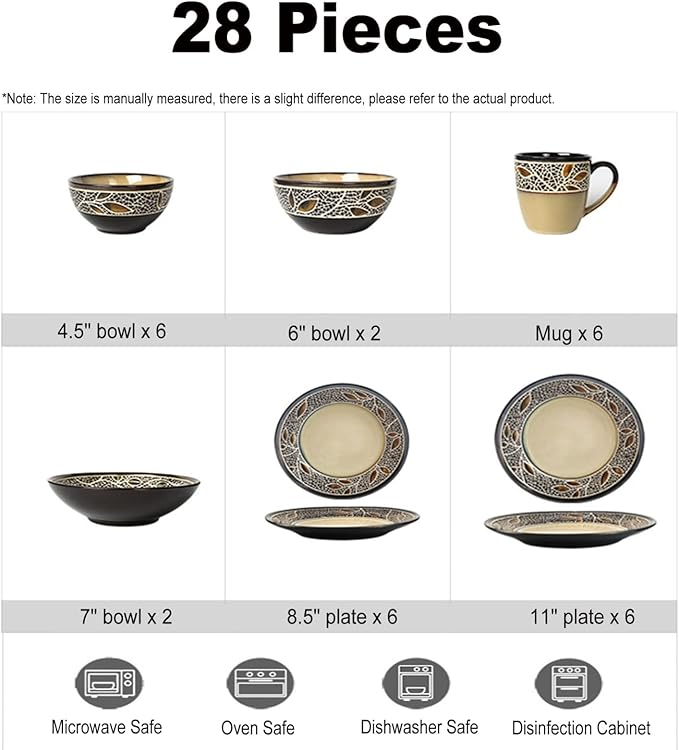 28-Piece Porcelain Dinnerware Set with Round Plates and Bowls Sets, Ceramics Dishes Set, Dinner Set, Dish Set, Tableware Set, Kitchen Dinnerware Sets, Service for 6 People