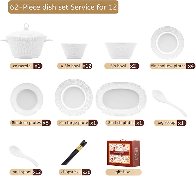 White Dinnerware Sets for 8 Dinner Plates 24 31 38 46 62pcs Plates And Bowls Sets Simple Style Dishware Sets Kitchen Dishes Set Dinner Set for Family Gatherings Dishwasher&Microwave Safe(62pcs)