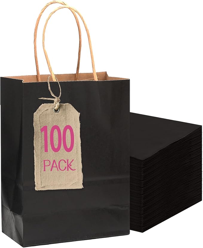 qiqee 100-Packs Black Paper Gift Bags with Handles Bulk 4.5"×2.5"×6" Mini Size Gift Bags Multiple Uses