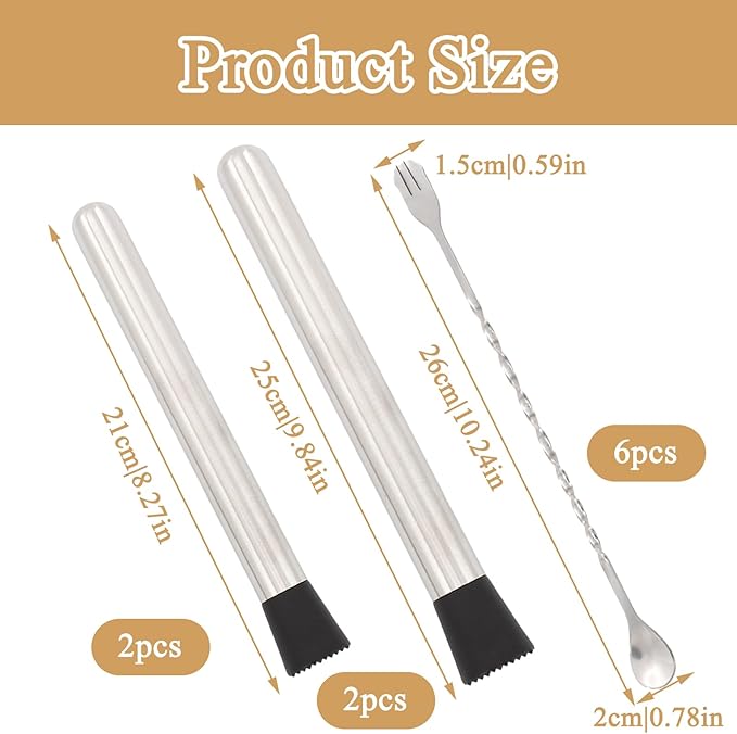 10 Inch & 8 Inch Stainless Steel Cocktail Muddler with 6 Mixing Spoon, Muddler for Cocktails and Lemonade Fruit Smasher for Drinks, for Mojito Lemon Milk Tea Bar Home Drink Making(10pcs)